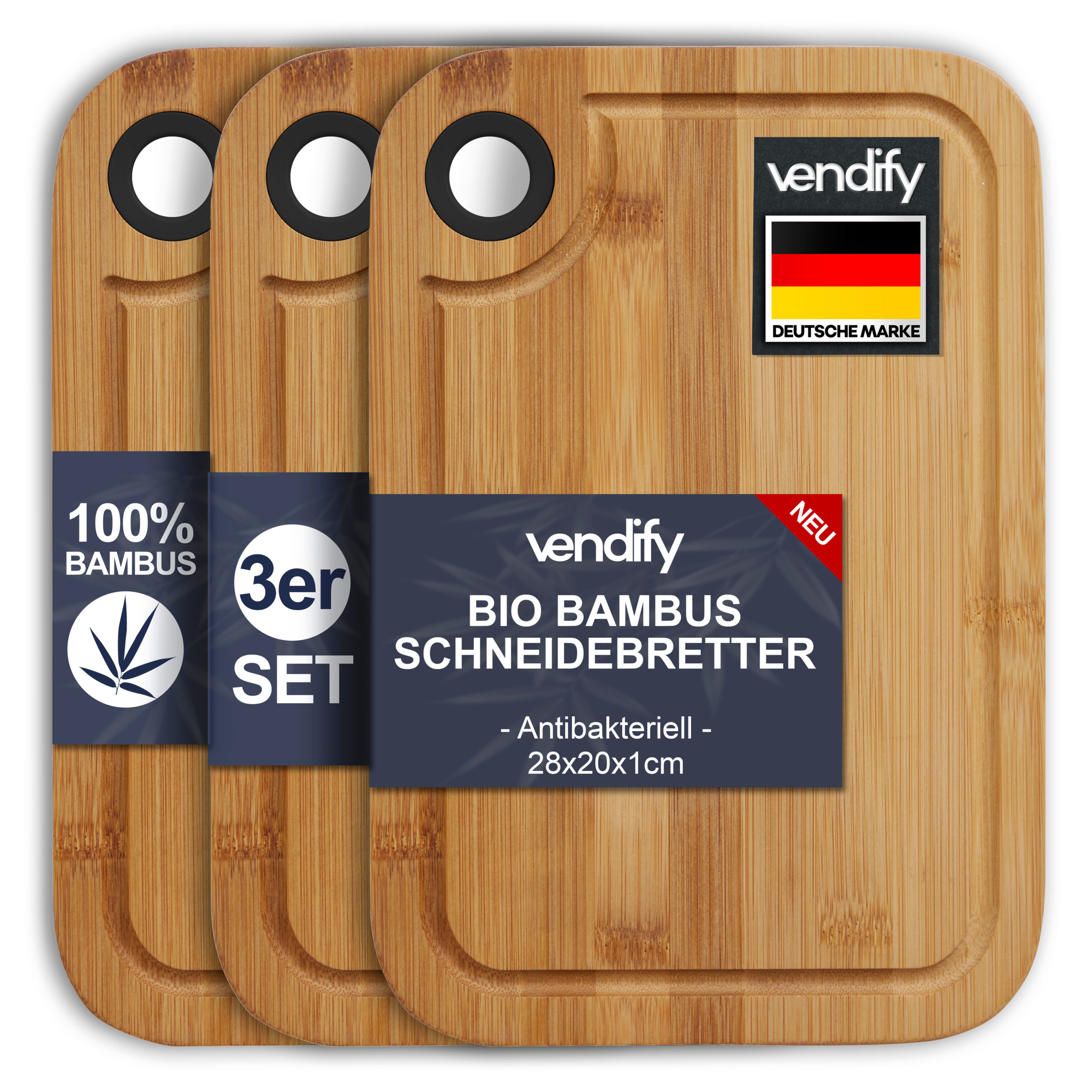 3er-Set Frühstücksbrettchen cm - vendify 28x20 Schneidebrett - Bambus